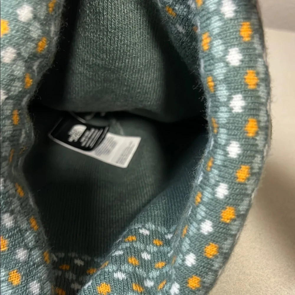 The North Face Green and Orange Knit Hat with Pom-Pom